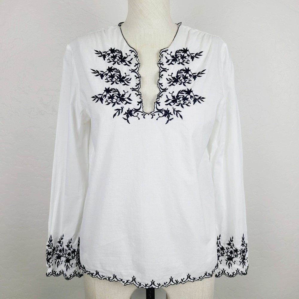 Sundance Blouse 10 White Black Cotton Embroidered Boho V-Neck Lightweight Top